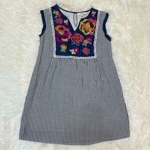 Anthropologie Andree by Unit Floral Embroidery Blue Striped Sleeveless Shift, S